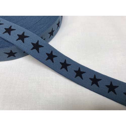 Blød elastik  til undertøj - 2 cm, i denim med marine blå stjerner 